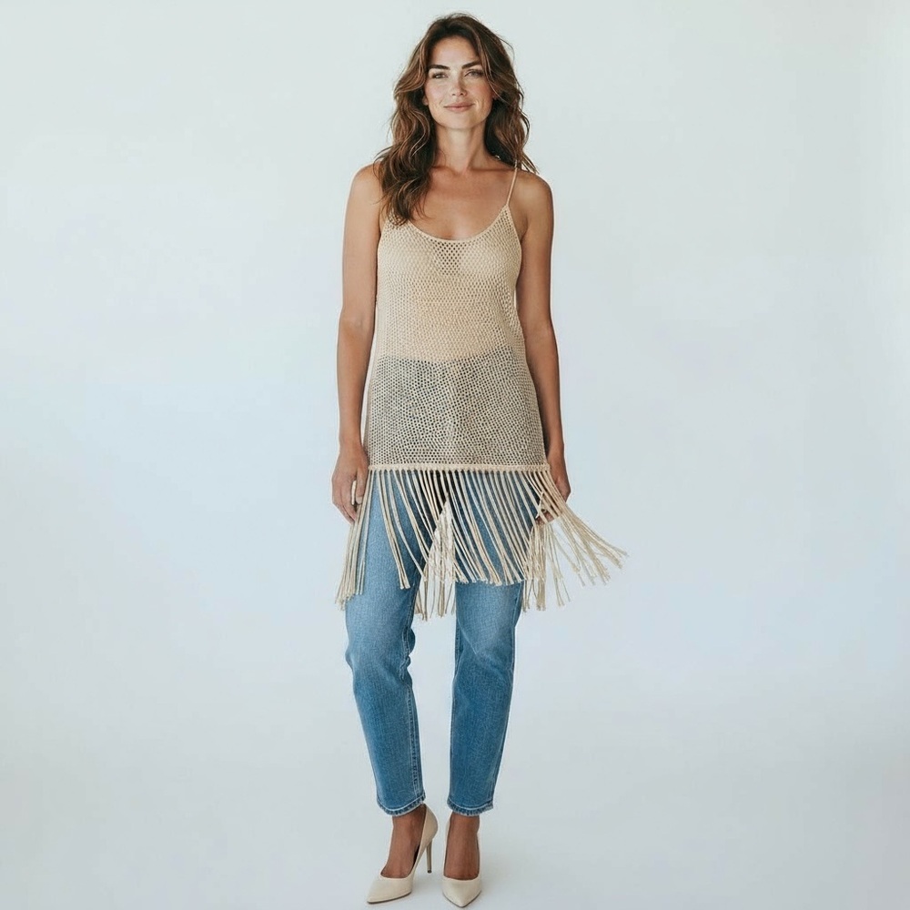 wild fable Nude Crochet Fringe Mini Dress • Coverup• Tank